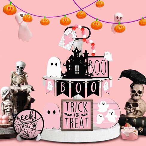 Halloween Tiered Tray Decor Set - 15PCS Pink Halloween Decor, Halloween Wooden Ghost Signs Rustic Farmhouse Tiered Tray Decorations for Indoor Home Table Party Supplies in Saudi Arabia