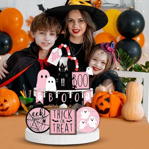 Halloween Tiered Tray Decor Set - 15PCS Pink Halloween Decor, Halloween Wooden Ghost Signs Rustic Farmhouse Tiered Tray Decorations for Indoor Home Table Party Supplies in Saudi Arabia