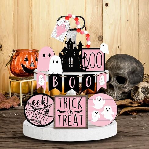Halloween Tiered Tray Decor Set - 15PCS Pink Halloween Decor, Halloween Wooden Ghost Signs Rustic Farmhouse Tiered Tray Decorations for Indoor Home Table Party Supplies in Saudi Arabia