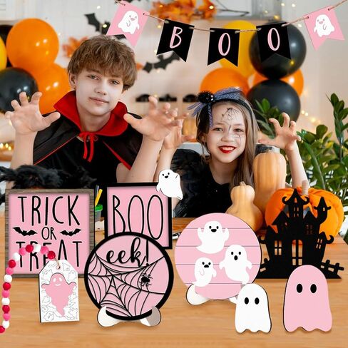 Halloween Tiered Tray Decor Set - 15PCS Pink Halloween Decor, Halloween Wooden Ghost Signs Rustic Farmhouse Tiered Tray Decorations for Indoor Home Table Party Supplies in Saudi Arabia