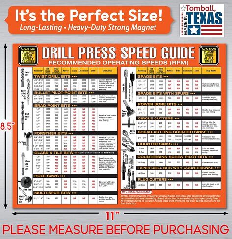 Magnetic 8.5x11 Drill Spere Speed ​​Guide Magnet - مخطط RPM الموصى به لقطع الحفر ، دليل الجدار المفصل وورقة الغش ، مرجع سهل القراءة لمحلات الأدوات ، ورش العمل ، السلامة ، المرآب ، ومكان العمل in Saudi Arabia
