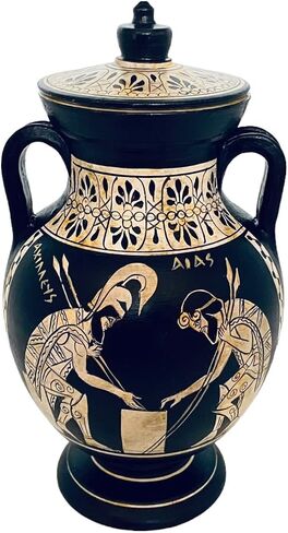 أمفورا المزهرية اليونانية مع الغطاء ، ajax و achilles ، بيضاء الرقم الفخار 19 سم in Saudi Arabia