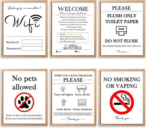 6 Unframed Wall Art Prints for Air Bnb Hosts, Short - Term Rentals Vacation Rental Essentials Sign Set - Welcome Guide, No Smoking No Pets Flush Only Toilet Paper, House Rules & WiFi Info (8"×10") in Saudi Arabia