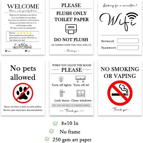 6 Unframed Wall Art Prints for Air Bnb Hosts, Short - Term Rentals Vacation Rental Essentials Sign Set - Welcome Guide, No Smoking No Pets Flush Only Toilet Paper, House Rules & WiFi Info (8"×10") in Saudi Arabia
