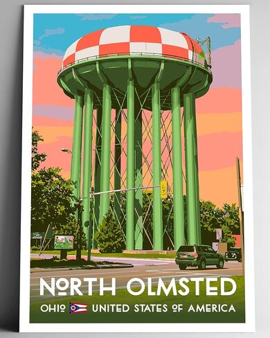 ملصق سفر على طراز Olmsted North Olmsted Ohio-8x10-12x18-18x24-24x36 / 4x6 بطاقة بريدية WPA Art Art USA USA United States Retro Art Water Tower (4x6 Inch بطاقة بريدية) in Saudi Arabia