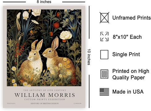 Monem Art William Morris Poster - Rabbit زوجين الطباعة - Bunnies Art - الفن النباتي - فن المعرض - فن الحيوانات - فن الغابات - غرفة المعيشة الجمالية أو ديكور غرفة نوم - 8x10 فن الجدار غير المؤلف in Saudi Arabia