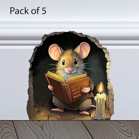 5 x Mouse Reading Book Stickers Mouse Hole 3D Wall Sticker Mouse Wall Sticker Book Lover Gift Kids Room Vinyl Sticker Mouse Wall Decal Cute Mousehole Sticker (Reading) in Kuwait