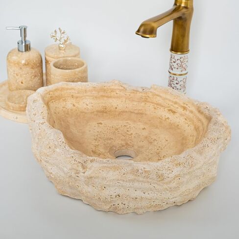 Travertine Sink – Handmade Natural Stone Vessel Basin for Bathroom – Countertop Marble Vanity Wash Bowl – Round Rustic Travertine Washbasin – Unique Powder Room Decor in Saudi Arabia