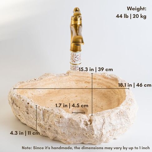 Travertine Sink – Handmade Natural Stone Vessel Basin for Bathroom – Countertop Marble Vanity Wash Bowl – Round Rustic Travertine Washbasin – Unique Powder Room Decor in Saudi Arabia