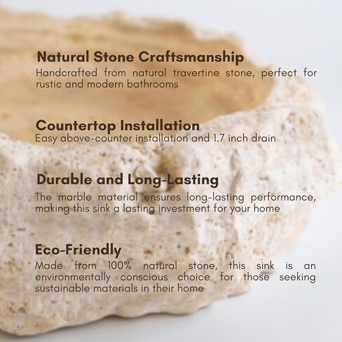 Travertine Sink – Handmade Natural Stone Vessel Basin for Bathroom – Countertop Marble Vanity Wash Bowl – Round Rustic Travertine Washbasin – Unique Powder Room Decor in Saudi Arabia