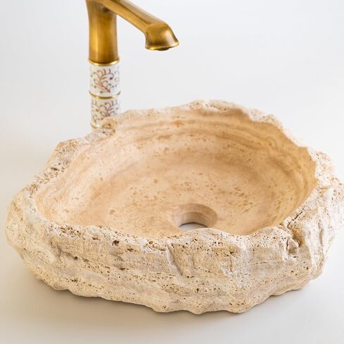 Travertine Sink – Handmade Natural Stone Vessel Basin for Bathroom – Countertop Marble Vanity Wash Bowl – Round Rustic Travertine Washbasin – Unique Powder Room Decor in Saudi Arabia