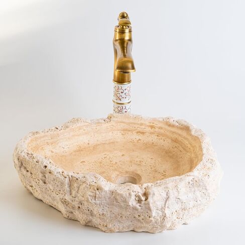 Travertine Sink – Handmade Natural Stone Vessel Basin for Bathroom – Countertop Marble Vanity Wash Bowl – Round Rustic Travertine Washbasin – Unique Powder Room Decor in Saudi Arabia