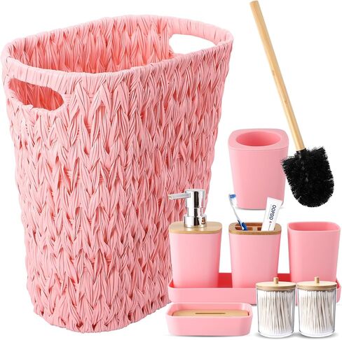 Bathroom Accessories Set with Wicker Trash Can, Pink Bathroom Accessories Pink Bathroom Sets Small Waste Basket Bathroom Trash Can for Bedroom Bathroom in Kuwait