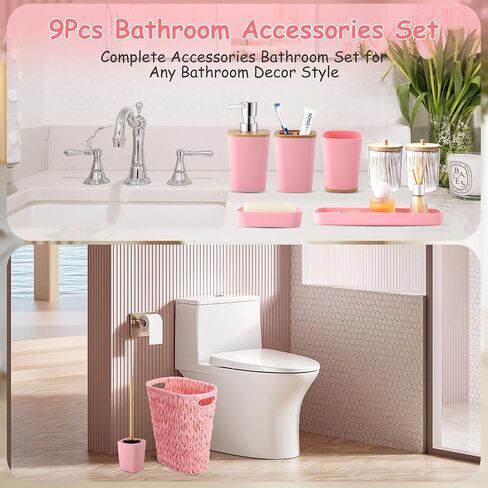 Bathroom Accessories Set with Wicker Trash Can, Pink Bathroom Accessories Pink Bathroom Sets Small Waste Basket Bathroom Trash Can for Bedroom Bathroom in Kuwait