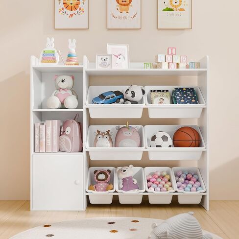 White Toy Storage Organizer, Toy Organizers and Storage Bins, Toy Storage Shelf with 8 Toy Bins, Toy Organizer with Bookshelf, Book Shelf and Toy Storage for Kids Room, Playroom, Bedroom, Nursery in Kuwait