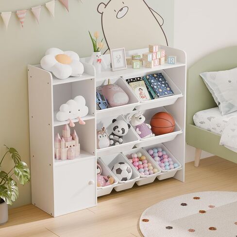 White Toy Storage Organizer, Toy Organizers and Storage Bins, Toy Storage Shelf with 8 Toy Bins, Toy Organizer with Bookshelf, Book Shelf and Toy Storage for Kids Room, Playroom, Bedroom, Nursery in Kuwait