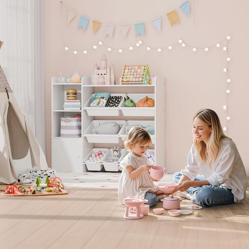 White Toy Storage Organizer, Toy Organizers and Storage Bins, Toy Storage Shelf with 8 Toy Bins, Toy Organizer with Bookshelf, Book Shelf and Toy Storage for Kids Room, Playroom, Bedroom, Nursery in Kuwait