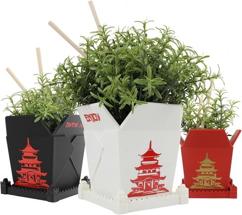3D Printed Planter Chinese Takeout Box - Set of 3 with (Free) Trays and Chopsticks - Plant Pot with Drainage Decor, Oyster Pail planters Plant - Made in USA in Saudi Arabia