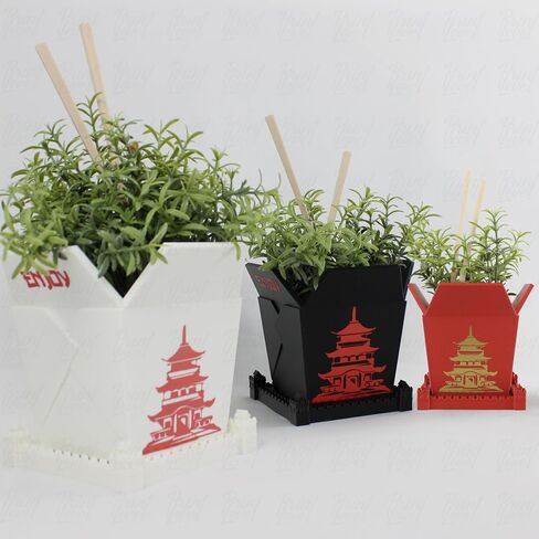 3D Printed Planter Chinese Takeout Box - Set of 3 with (Free) Trays and Chopsticks - Plant Pot with Drainage Decor, Oyster Pail planters Plant - Made in USA in Saudi Arabia