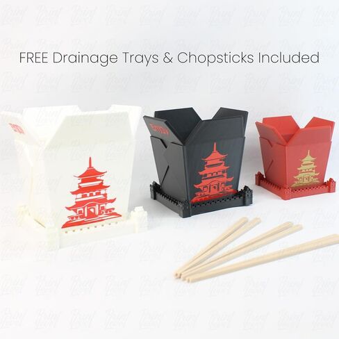 3D Printed Planter Chinese Takeout Box - Set of 3 with (Free) Trays and Chopsticks - Plant Pot with Drainage Decor, Oyster Pail planters Plant - Made in USA in Saudi Arabia