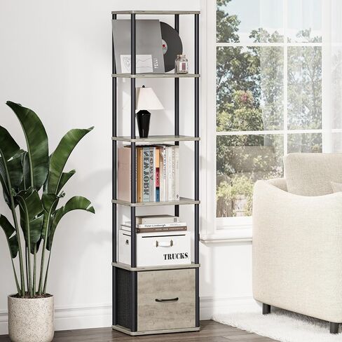 6-Tier Bookshelf with Drawer, Narrow Bookshelves Organizer, Floor Standing Ladder Shelf,Tall Bookcase for Small Space, Book shelf with Storage for Living Room, Bedroom, Office, Study Light Oak HBC505Z in Kuwait