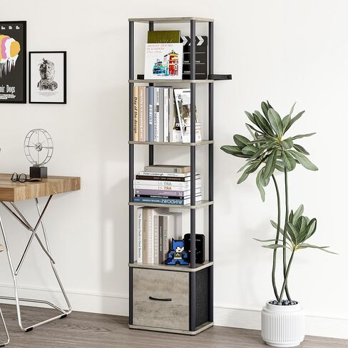 6-Tier Bookshelf with Drawer, Narrow Bookshelves Organizer, Floor Standing Ladder Shelf,Tall Bookcase for Small Space, Book shelf with Storage for Living Room, Bedroom, Office, Study Light Oak HBC505Z in Kuwait