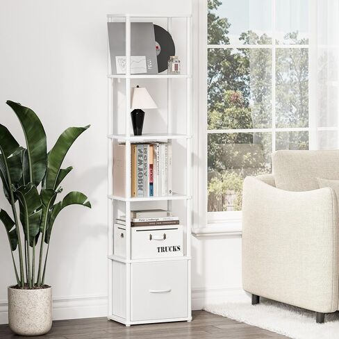 6-Tier Bookshelf with Drawer, Narrow Bookshelves Organizer, Floor Standing Ladder Shelf,Tall Bookcase for Small Space, Book shelf with Storage for Living Room, Bedroom, Office, Study Light Oak HBC505Z in Kuwait
