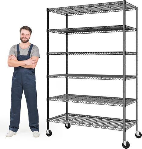 82" H X45 W X18 D Storage Shelves with Wheels, 6 Tier Wire Shelving Adjustable Metal Shelving Pantry Shelves Capacity 1200LBS for Garage Shelving, Pantry, Kitchen, Closet, Commercial, Black in Kuwait