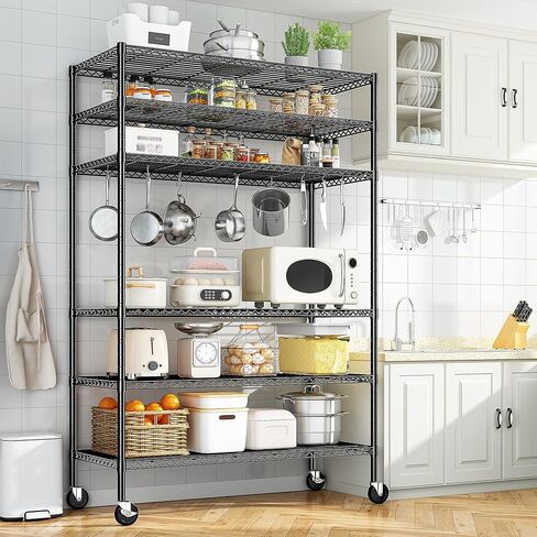 82" H X45 W X18 D Storage Shelves with Wheels, 6 Tier Wire Shelving Adjustable Metal Shelving Pantry Shelves Capacity 1200LBS for Garage Shelving, Pantry, Kitchen, Closet, Commercial, Black in Kuwait