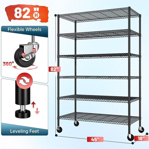 82" H X45 W X18 D Storage Shelves with Wheels, 6 Tier Wire Shelving Adjustable Metal Shelving Pantry Shelves Capacity 1200LBS for Garage Shelving, Pantry, Kitchen, Closet, Commercial, Black in Kuwait