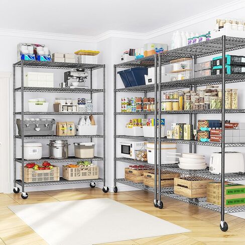 82" H X45 W X18 D Storage Shelves with Wheels, 6 Tier Wire Shelving Adjustable Metal Shelving Pantry Shelves Capacity 1200LBS for Garage Shelving, Pantry, Kitchen, Closet, Commercial, Black in Kuwait