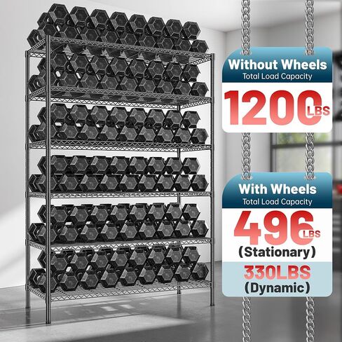 82" H X45 W X18 D Storage Shelves with Wheels, 6 Tier Wire Shelving Adjustable Metal Shelving Pantry Shelves Capacity 1200LBS for Garage Shelving, Pantry, Kitchen, Closet, Commercial, Black in Kuwait