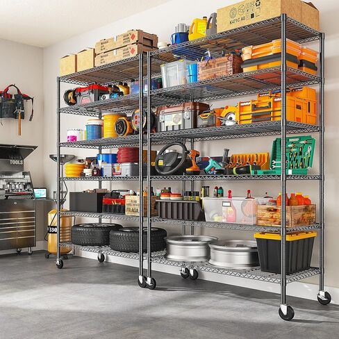 82" H X45 W X18 D Storage Shelves with Wheels, 6 Tier Wire Shelving Adjustable Metal Shelving Pantry Shelves Capacity 1200LBS for Garage Shelving, Pantry, Kitchen, Closet, Commercial, Black in Kuwait