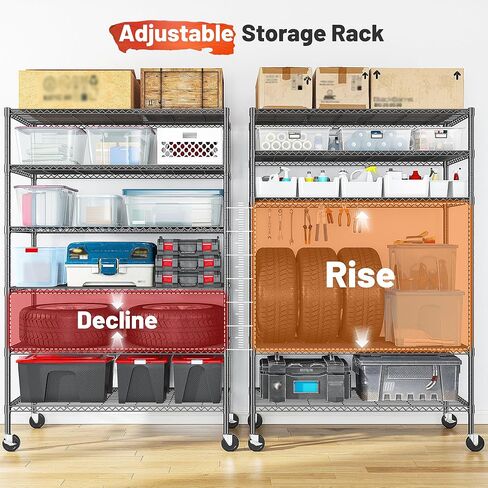 82" H X45 W X18 D Storage Shelves with Wheels, 6 Tier Wire Shelving Adjustable Metal Shelving Pantry Shelves Capacity 1200LBS for Garage Shelving, Pantry, Kitchen, Closet, Commercial, Black in Kuwait