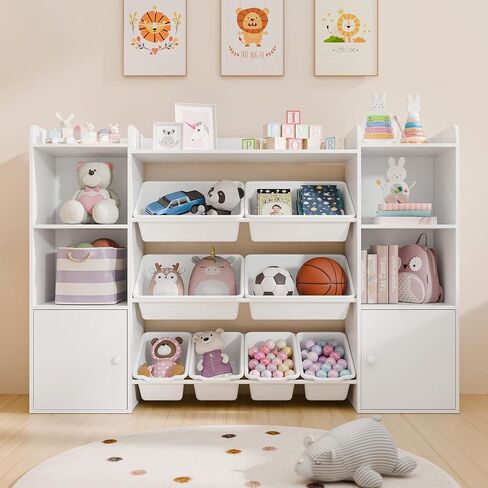 White Toy Storage Organizer, Toy Organizers and Storage Bins, Toy Storage Shelf with 8 Toy Bins, Toy Organizer with Bookshelf, Book Shelf and Toy Storage for Kids Room, Playroom, Bedroom, Nursery in Kuwait