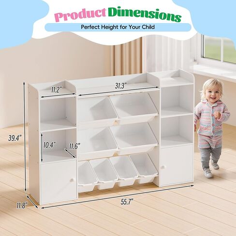 White Toy Storage Organizer, Toy Organizers and Storage Bins, Toy Storage Shelf with 8 Toy Bins, Toy Organizer with Bookshelf, Book Shelf and Toy Storage for Kids Room, Playroom, Bedroom, Nursery in Kuwait
