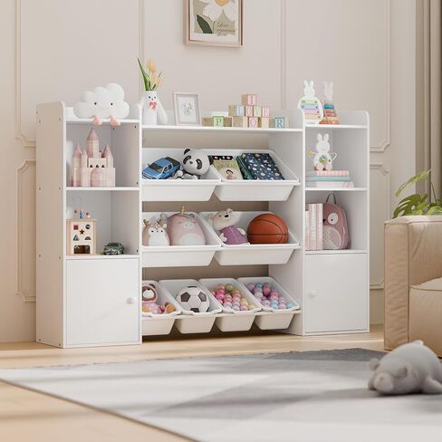 White Toy Storage Organizer, Toy Organizers and Storage Bins, Toy Storage Shelf with 8 Toy Bins, Toy Organizer with Bookshelf, Book Shelf and Toy Storage for Kids Room, Playroom, Bedroom, Nursery in Kuwait