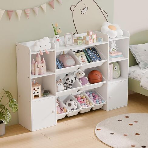 White Toy Storage Organizer, Toy Organizers and Storage Bins, Toy Storage Shelf with 8 Toy Bins, Toy Organizer with Bookshelf, Book Shelf and Toy Storage for Kids Room, Playroom, Bedroom, Nursery in Kuwait