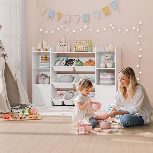 White Toy Storage Organizer, Toy Organizers and Storage Bins, Toy Storage Shelf with 8 Toy Bins, Toy Organizer with Bookshelf, Book Shelf and Toy Storage for Kids Room, Playroom, Bedroom, Nursery in Kuwait