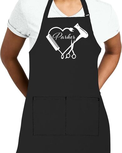 Personalized Hair Stylist Apron with Heart Design, Black, Navy Blue, Red, Natural, White, Professional Grade with Pockets, Adjustable Neck Strap, Decorated in USA (Black) in Saudi Arabia