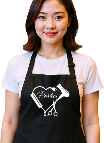 Personalized Hair Stylist Apron with Heart Design, Black, Navy Blue, Red, Natural, White, Professional Grade with Pockets, Adjustable Neck Strap, Decorated in USA (Black) in Saudi Arabia