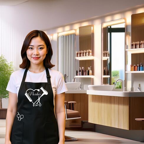 Personalized Hair Stylist Apron with Heart Design, Black, Navy Blue, Red, Natural, White, Professional Grade with Pockets, Adjustable Neck Strap, Decorated in USA (Black) in Saudi Arabia