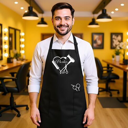 Personalized Hair Stylist Apron with Heart Design, Black, Navy Blue, Red, Natural, White, Professional Grade with Pockets, Adjustable Neck Strap, Decorated in USA (Black) in Saudi Arabia