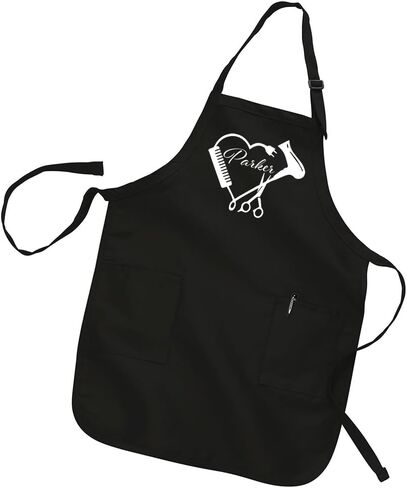 Personalized Hair Stylist Apron with Heart Design, Black, Navy Blue, Red, Natural, White, Professional Grade with Pockets, Adjustable Neck Strap, Decorated in USA (Black) in Saudi Arabia