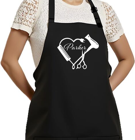 Personalized Hair Stylist Apron with Heart Design, Black, Navy Blue, Red, Natural, White, Professional Grade with Pockets, Adjustable Neck Strap, Decorated in USA (Black) in Saudi Arabia