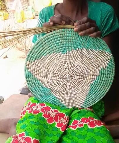 Senegal Placemats/African Bohemian Woven Seagrass Placemats/Natural Wicker Round Basket Placemats/Decorative Hanging Wicker Plates/Hanging Wall Decor (Light Blue & White) in Saudi Arabia