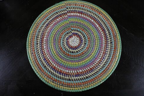Senegal Placemats/African Bohemian Woven Seagrass Placemats/Natural Wicker Round Basket Placemats/Decorative Hanging Wicker Plates/Hanging Wall Decor (Light Blue & White) in Saudi Arabia