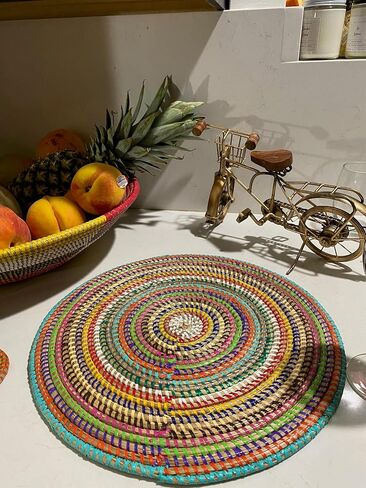 Senegal Placemats/African Bohemian Woven Seagrass Placemats/Natural Wicker Round Basket Placemats/Decorative Hanging Wicker Plates/Hanging Wall Decor (Light Blue & White) in Saudi Arabia