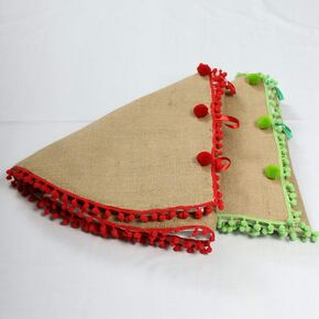 Pom Pom Christmas Tree Skirt Rustic Christmas Decoration 25'' to 50'' Burlap Red and Green Pom pom Handmade Christmas Skirt in Kuwait
