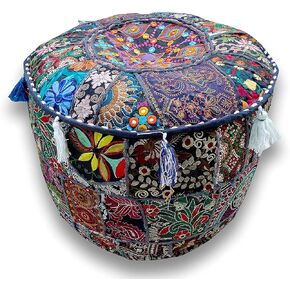 Indian Patchwork Pouf Cover Indian Living Room Pouf, Decorative Ottoman,Embroidered Designer Ottoman, Home Living Footstool Chair Cover, Bohemian Ottoman Pouf Decor (18 Inches, Black) in Kuwait